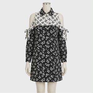NWOT. 8. Tanya Taylor “Carmen” Cold-Shoulder Silk Dress in Black White Floral